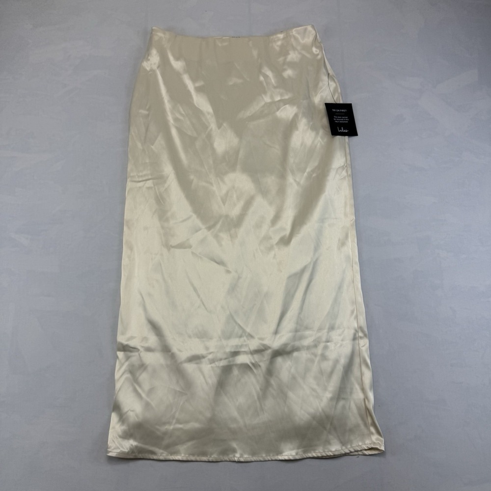 NWT Lulus Cream Ivory Satin Midi Skirt Size M Zip Back